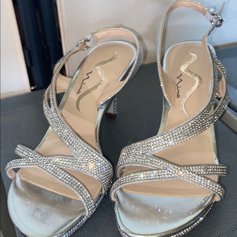 Silver Strappy Heels with Rhinestones